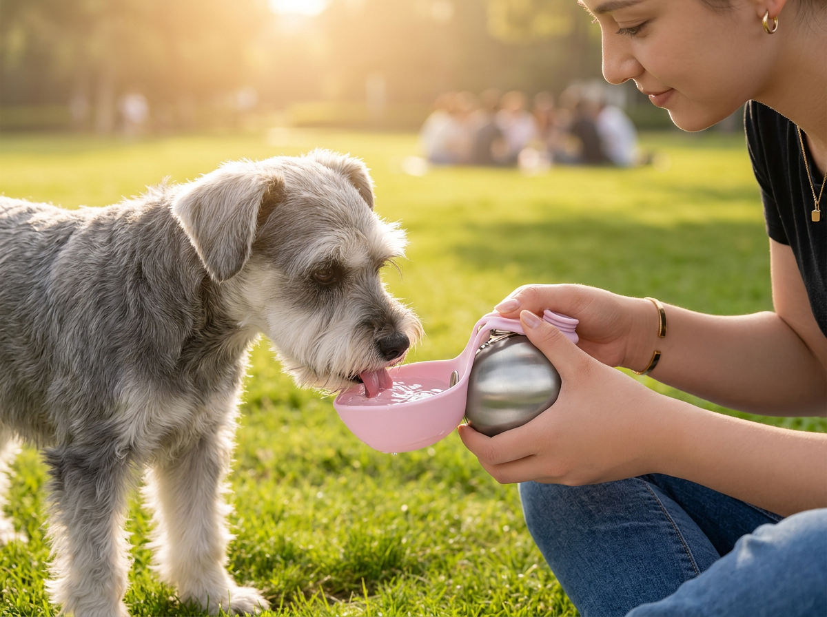 Perro junto a la botella Bervona Drop y su cuenco rosa